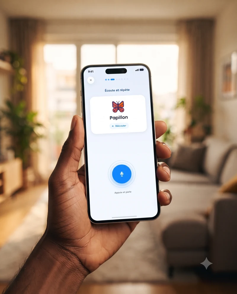 L’application VOXIA en main, avec un exercice vocal autour du mot papillon
