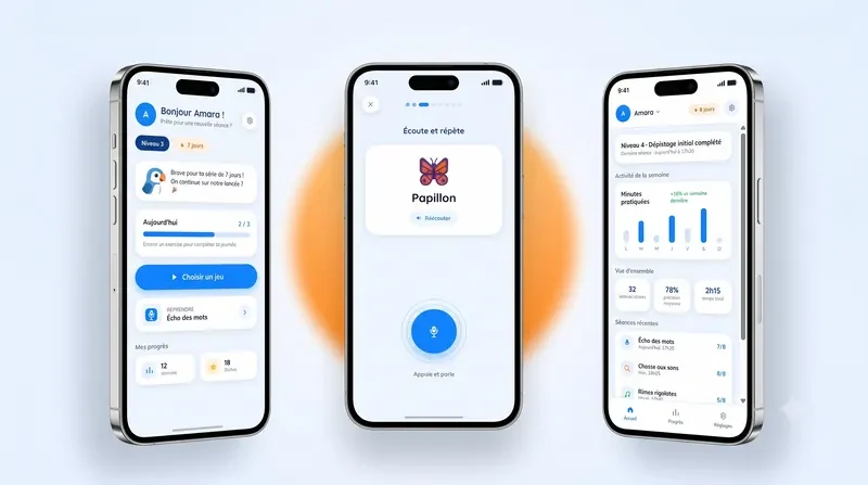 Trois écrans de l’application VOXIA : accueil, jeu de prononciation et suivi des progrès